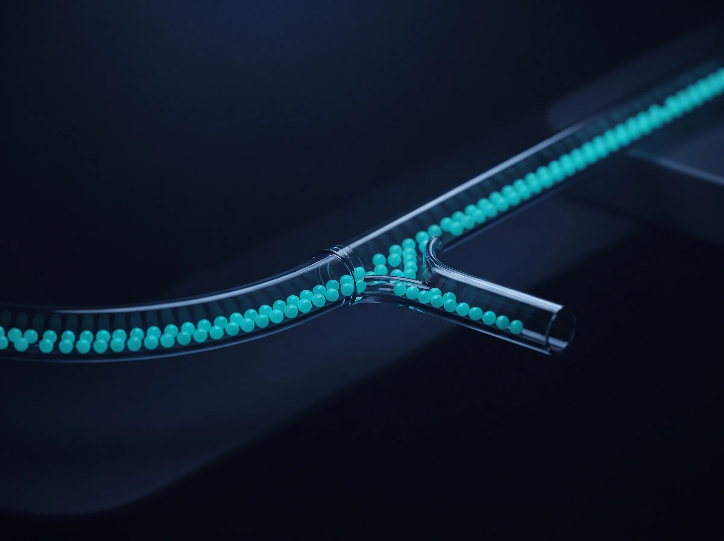 A glass channel with glowing spheres being sorted into two streams, representing an automated workflow