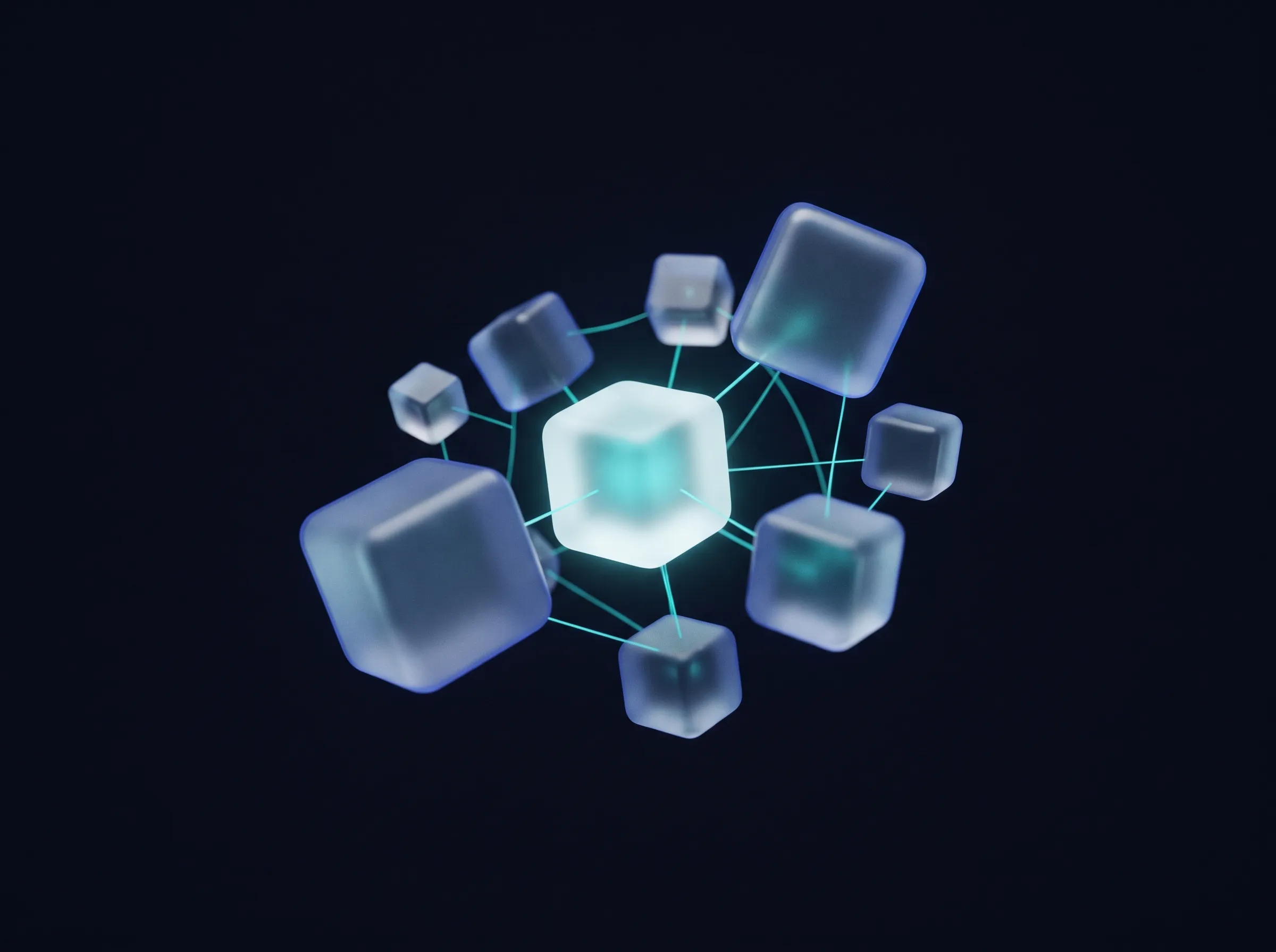 Glass blocks linked by glowing threads, representing connected business systems